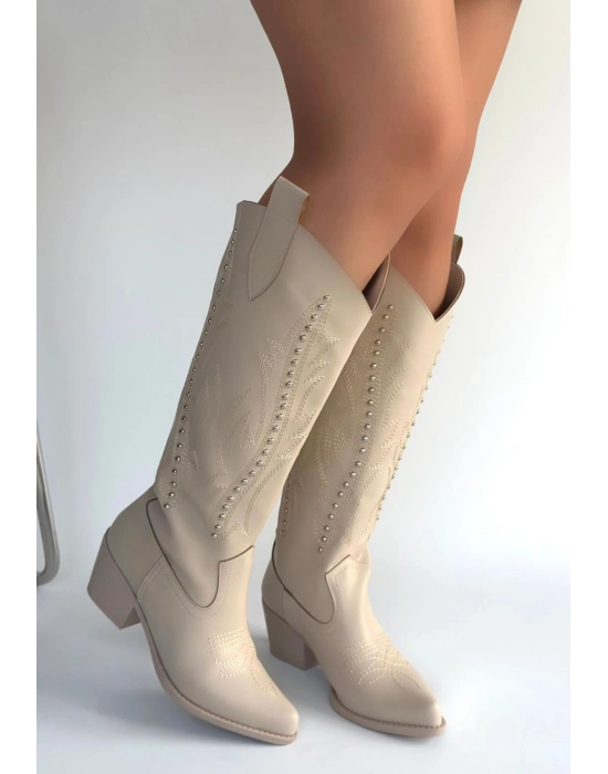 Meof Bej Cilt Topuklu Çizme