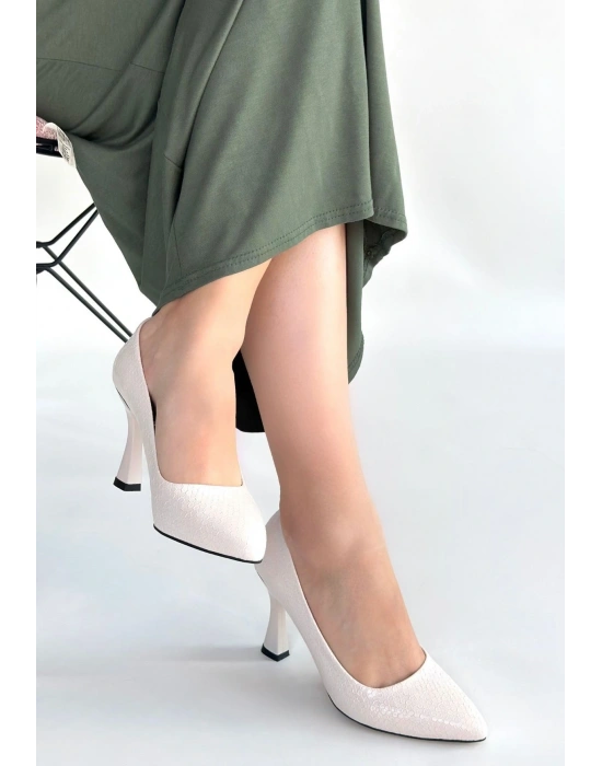 Merio Bej Baskılı Rugan Topuklu Ayakkabı