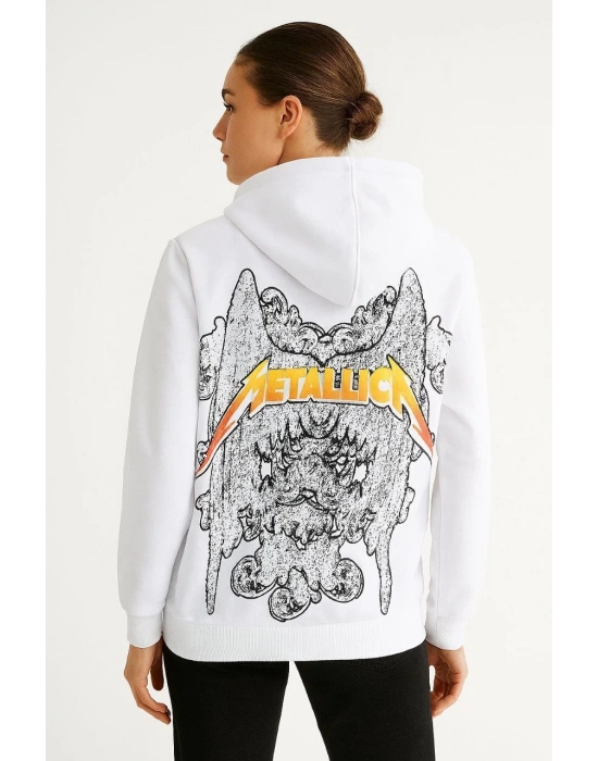 Metallica İki İplik Kapüşonlu Ön ve Arka Baskılı hoodie - Beyaz