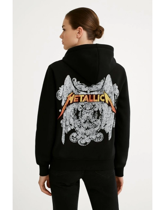 Metallica İki İplik Kapüşonlu Ön ve Arka Baskılı hoodie - Siyah