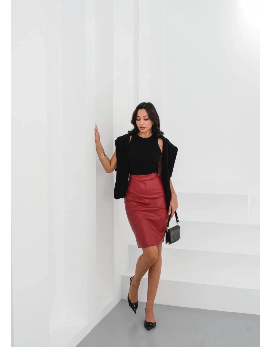 Midi boy deri kalem etek bordo h26780