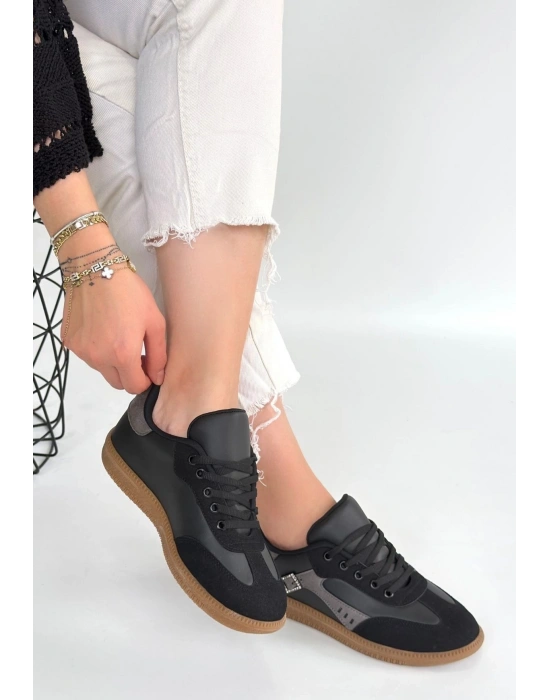 Mier Siyah Cilt Bağcıklı Spor Ayakkabı