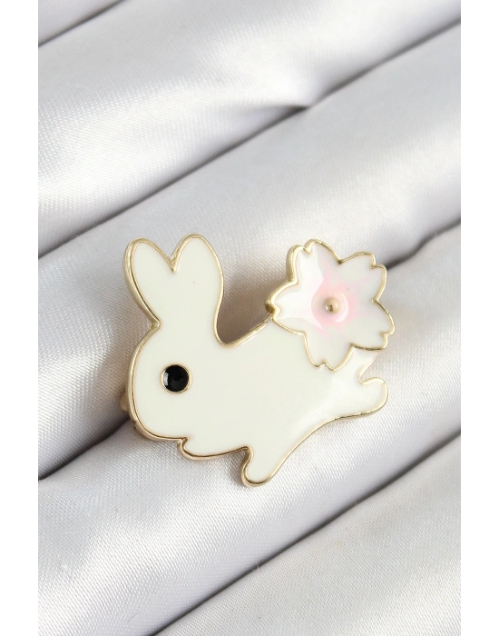 Mineli Çiçek Detaylı Krem Tavşan Figürlü Gold Renk Kadın Broş