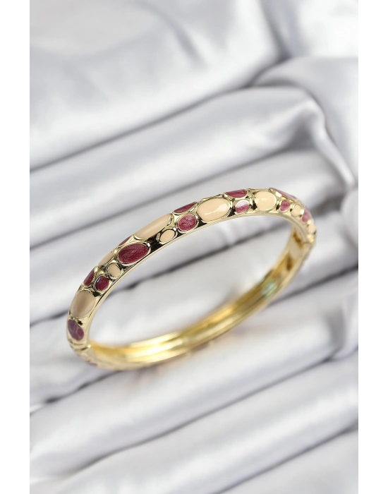 Mineli Pirinç Fuşya Ve Krem Petek Motifli Gold Renk Kadın Kelepçe