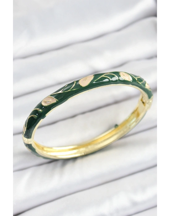 Mineli Pirinç Gold Renk Yeşil Çiçek Motifli Kadın Kelepçe