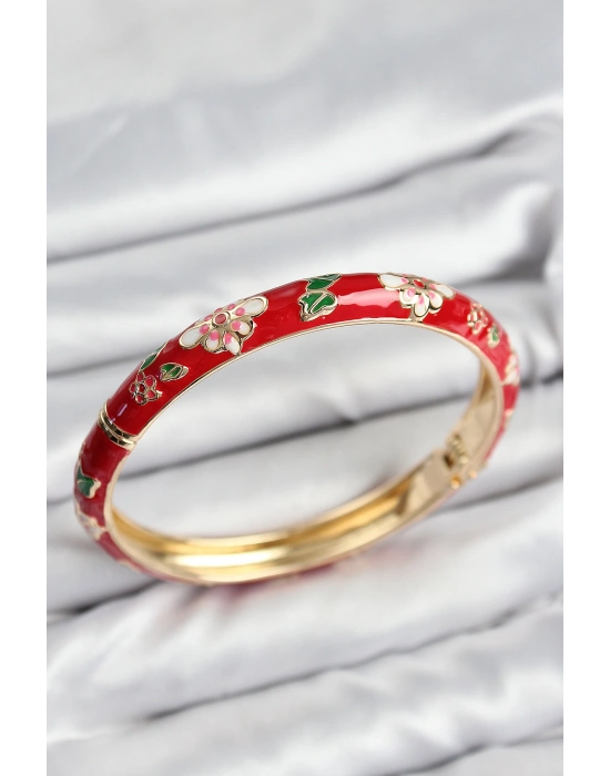 Mineli Pirinç Kırmızı Çiçek Motifli Gold Kadın Kelepçe