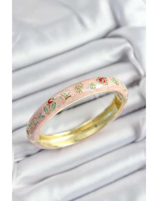 Mineli Pirinç Pembe Çiçek Motifli Gold Renk Kadın Kelepçe
