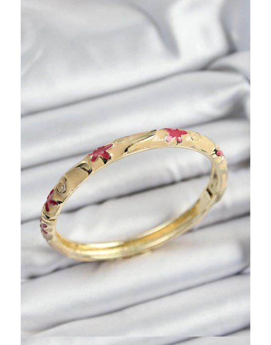 Mineli Pirinç Pembe Ve Krem Çiçek Motifli Gold Renk Kadın Kelepçe