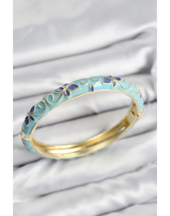 Mineli Pirinç Turkuaz Çiçek Motifli Gold Kadın Kelepçe