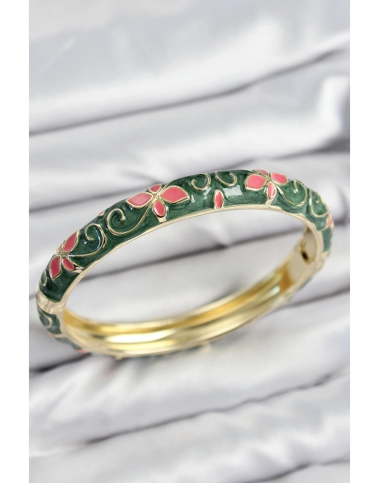 Mineli Pirinç Yeşil Çiçek Motifli Gold Kadın Kelepçe