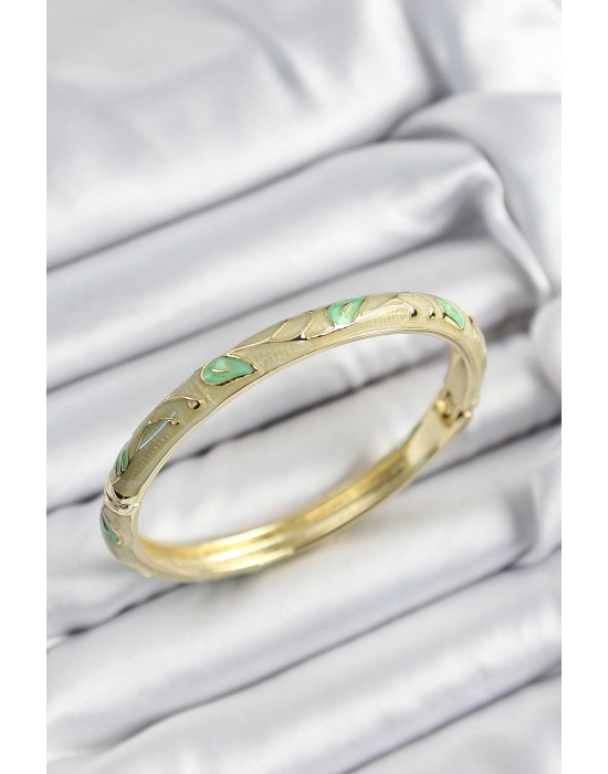 Mineli Pirinç Yeşil Yaprak Motifli Gold Renk Kadın Kelepçe