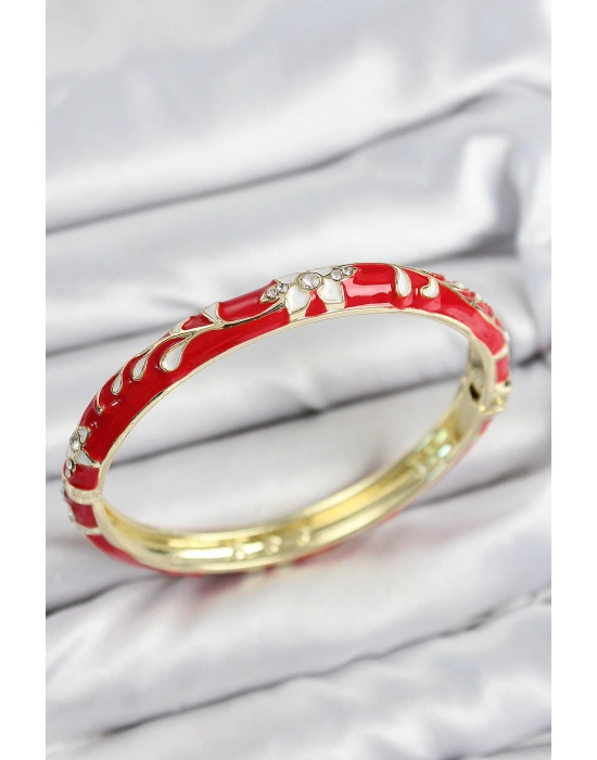 Mineli Pirinç Zirkon Taşlı Kırmızı Çiçek Motifli Gold Kadın Kelepçe