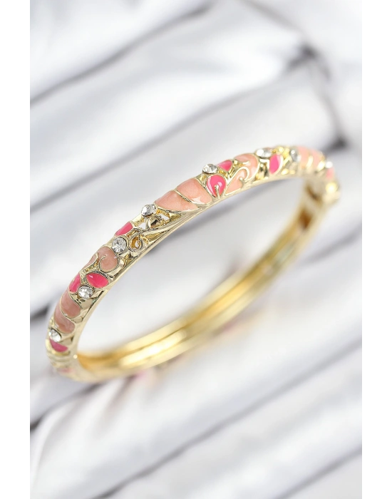 Mineli Pirinç Zirkon Taşlı Pembe Çiçek Motifli Gold Kadın Kelepçe