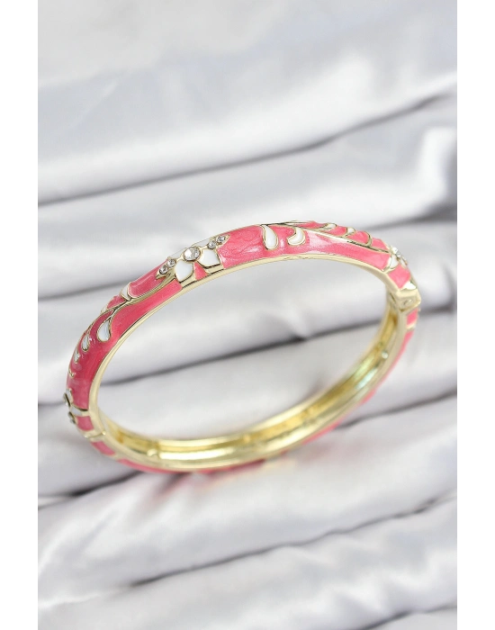 Mineli Pirinç Zirkon Taşlı Pembe Çiçek Motifli Gold Kadın Kelepçe
