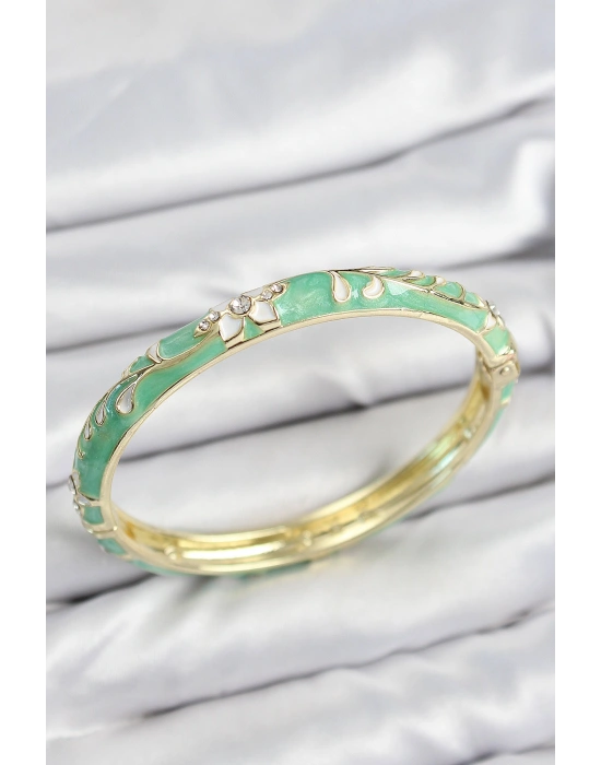 Mineli Pirinç Zirkon Taşlı Yeşil Çiçek Motifli Gold Kadın Kelepçe