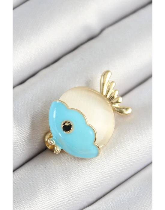 Mineli Turkuaz Ve Krem Balık Figürlü Gold Renk Kadın Broş