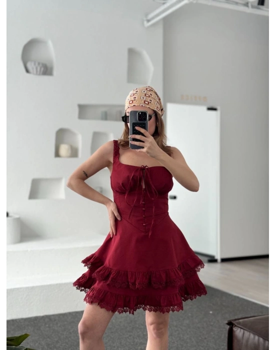 Mini Askılı Elbise - Bordo