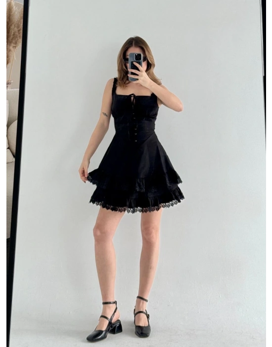 Mini Askılı Elbise - Siyah