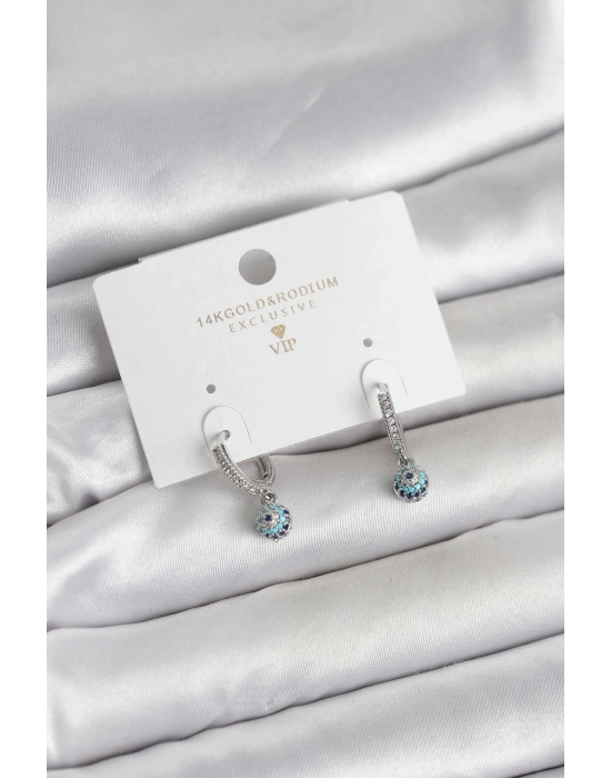 Minimal Nazarlı Model Gümüş Renk Zirkon Taşlı Kadın Küpe