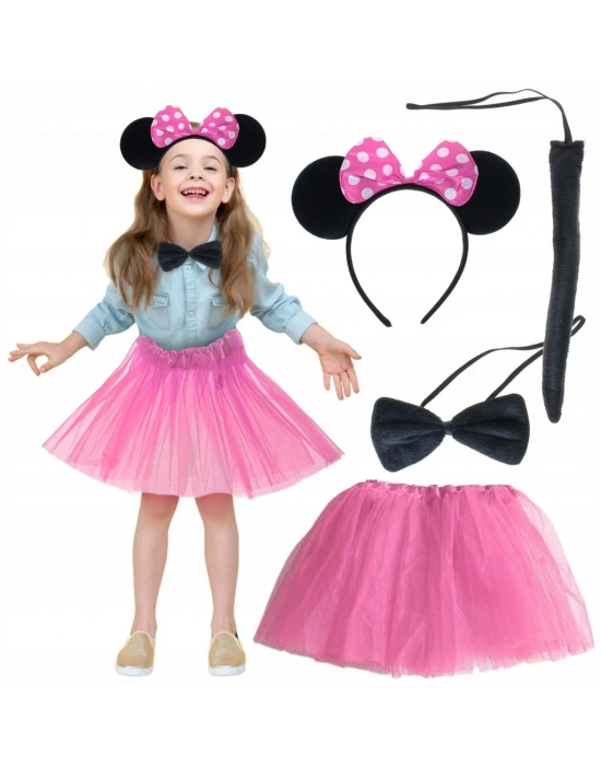 Minnie Kostüm Seti (Pembe Tütü Etek + Pembe Taç + Papyon + Kuyruk)