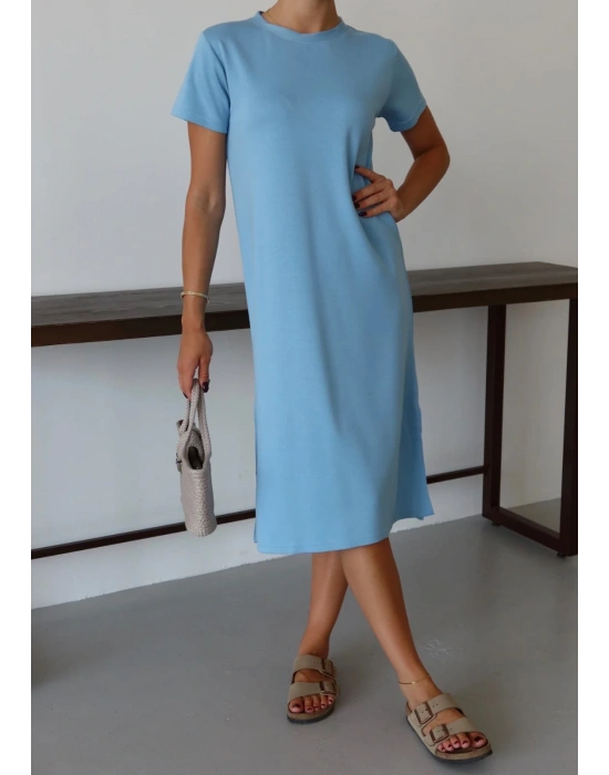 Modal yırtmaçlı elbise mavi pt