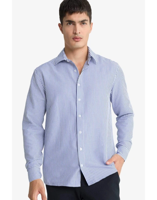 Modern Fit Polo Yaka Çizgili Krinkıl Uzun Kollu Gömlek D6003AX25AU