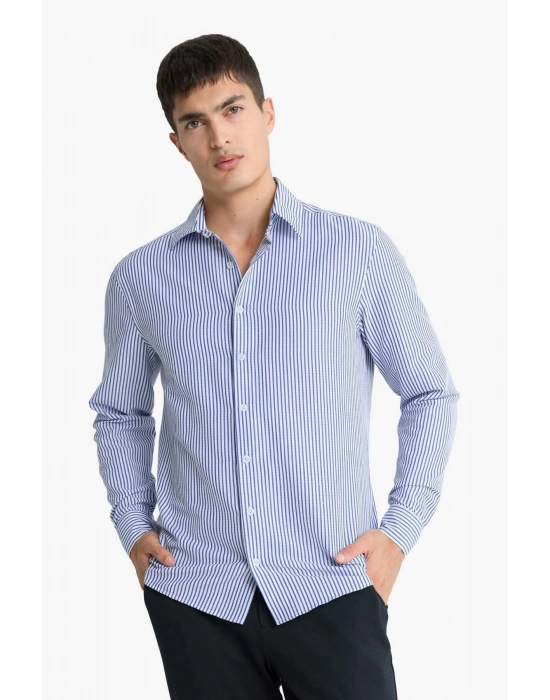 Modern Fit Polo Yaka Çizgili Krinkıl Uzun Kollu Gömlek D6003AX25AU