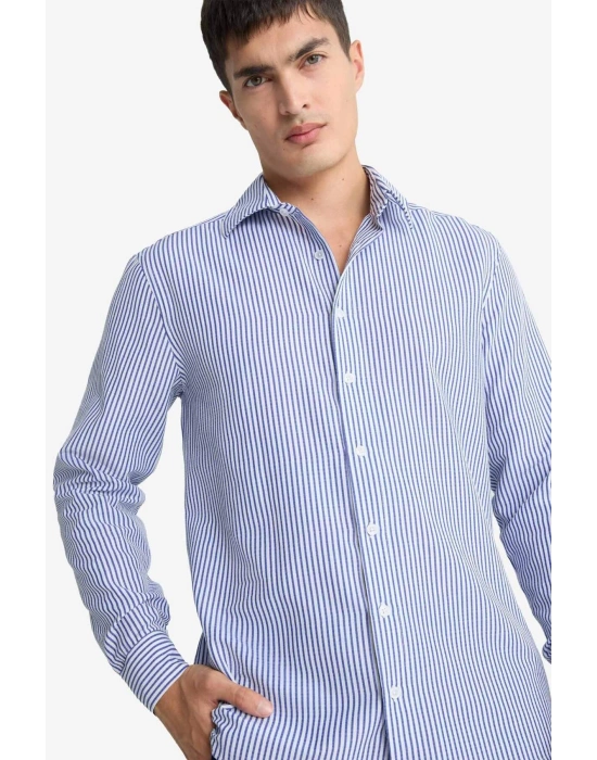 Modern Fit Polo Yaka Çizgili Krinkıl Uzun Kollu Gömlek D6003AX25AU