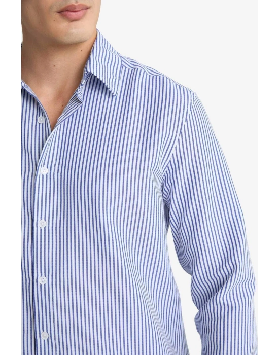 Modern Fit Polo Yaka Çizgili Krinkıl Uzun Kollu Gömlek D6003AX25AU