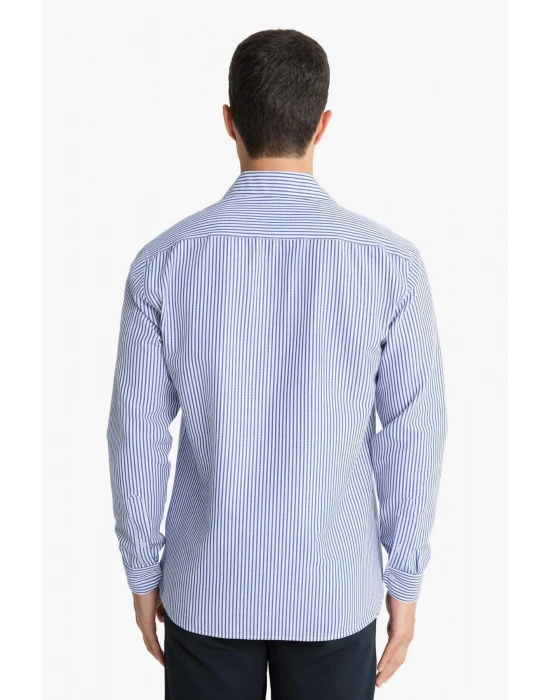 Modern Fit Polo Yaka Çizgili Krinkıl Uzun Kollu Gömlek D6003AX25AU