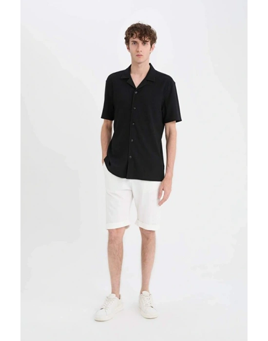 Modern Fit Polo Yaka Dokulu Penye Kısa Kollu Gömlek