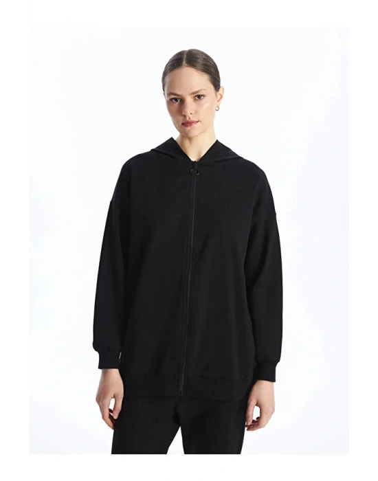 Modest Kapüşonlu Düz Uzun Kollu Kadın Fermuarlı Sweatshirt