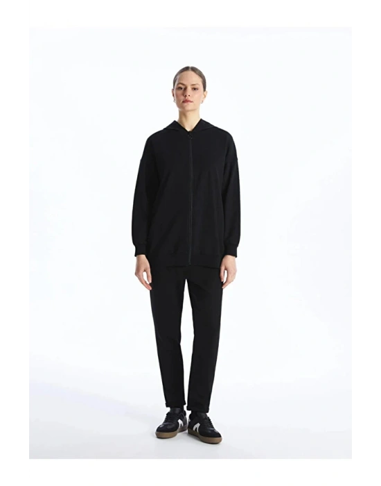 Modest Kapüşonlu Düz Uzun Kollu Kadın Fermuarlı Sweatshirt