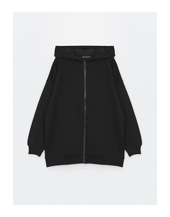 Modest Kapüşonlu Düz Uzun Kollu Kadın Fermuarlı Sweatshirt
