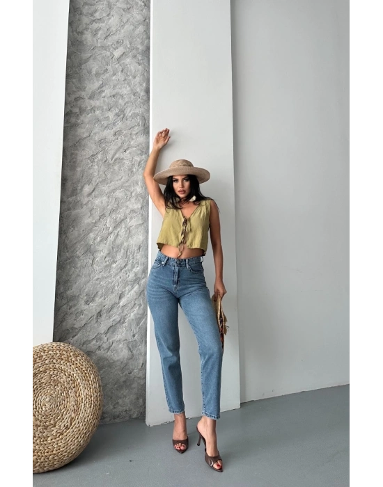 Mom fit bıyık kar yıkama jeans pantolon koyu mavi d2006