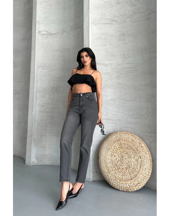 Mom fit enzim taş yıkama jeans pantolon füme d2006