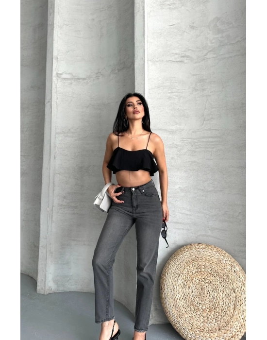 Mom fit enzim taş yıkama jeans pantolon füme d2006