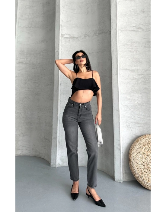 Mom fit enzim taş yıkama jeans pantolon füme d2006