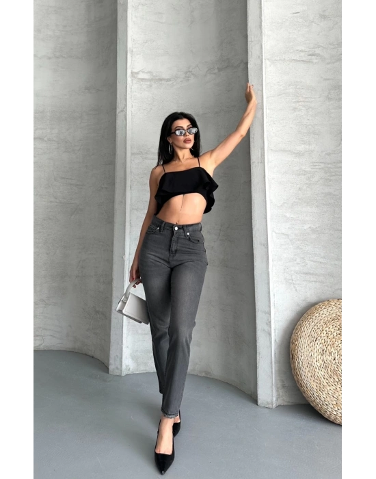 Mom fit enzim taş yıkama jeans pantolon füme d2006