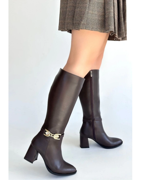 Mooni Kahverengi Cilt Topuklu Çizme