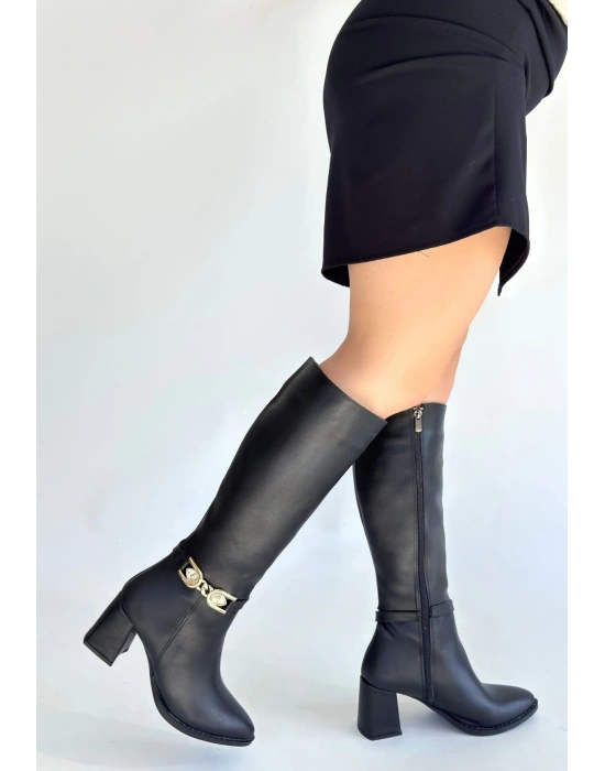 Mooni Siyah Cilt Topuklu Çizme