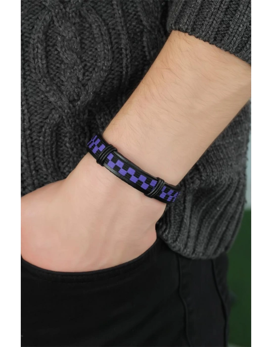 Mor Renk Damalı Deri Erkek Bileklik