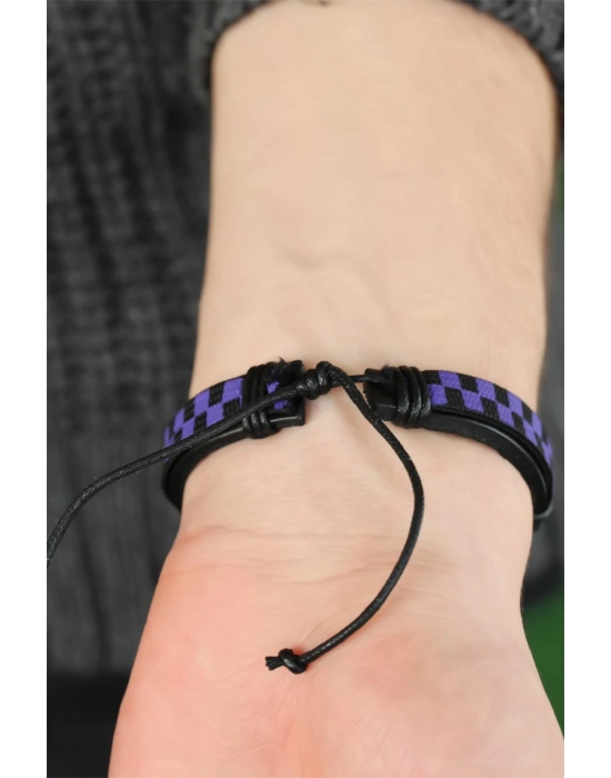 Mor Renk Damalı Deri Erkek Bileklik