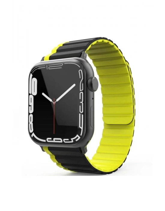 Movenchy Apple Watch 42mm MO-WB1 Çift Renk Mıknatıslı Silikon Kordon - Siyah-Sarı