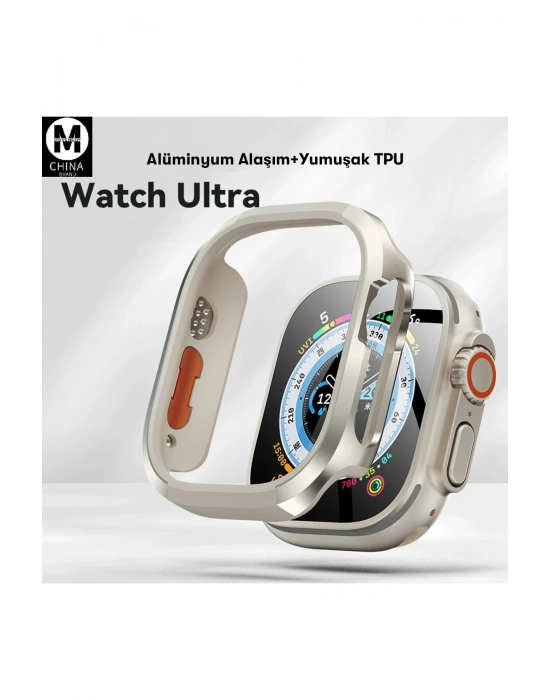 Movenchy Apple Watch Ultra 49mm MO-WT3 Alüminyum Camlı Kasa Ekran Koruyucu - Gold