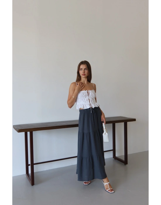 Müslin kumaş keten uzun etek antrasit pt