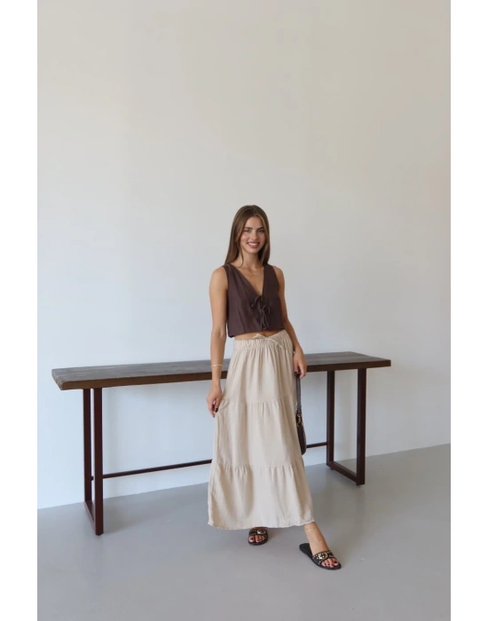 Müslin kumaş keten uzun etek bej pt