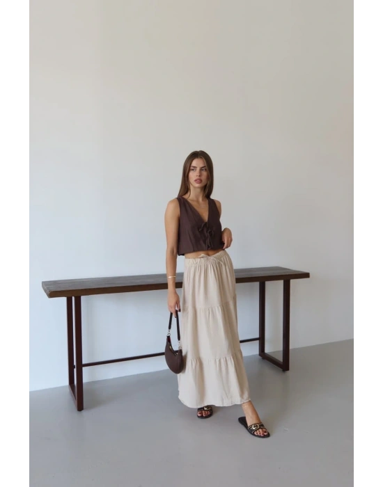 Müslin kumaş keten uzun etek bej pt