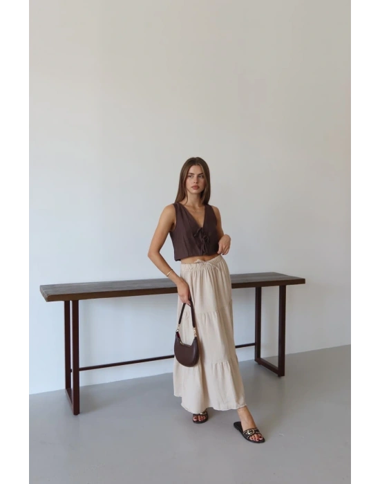 Müslin kumaş keten uzun etek bej pt