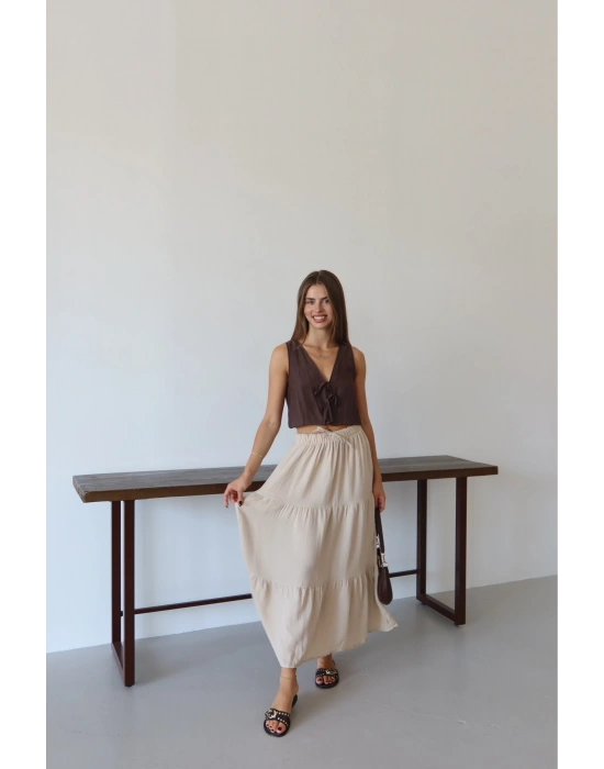 Müslin kumaş keten uzun etek bej pt